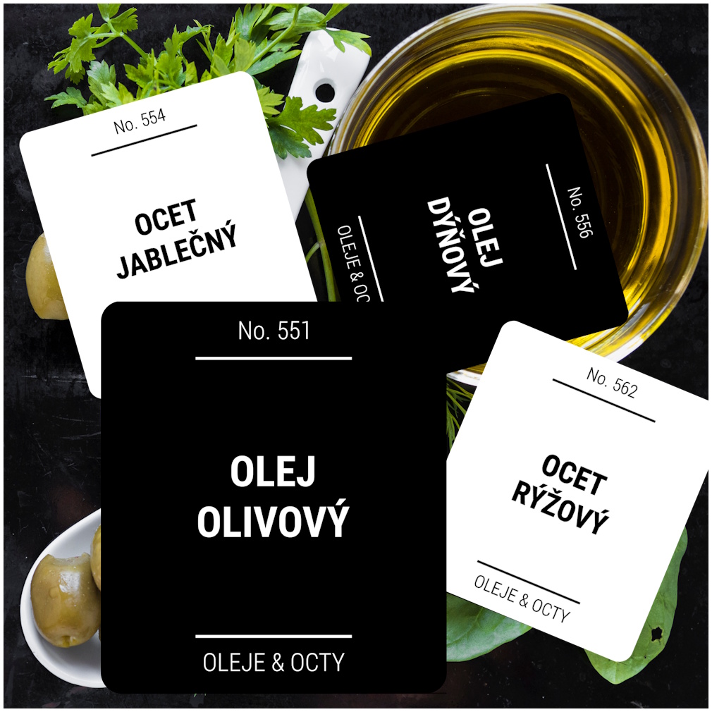 etikety na potraviny hranaté s kulatým rohem OLEJE & OCTY (12 ks)